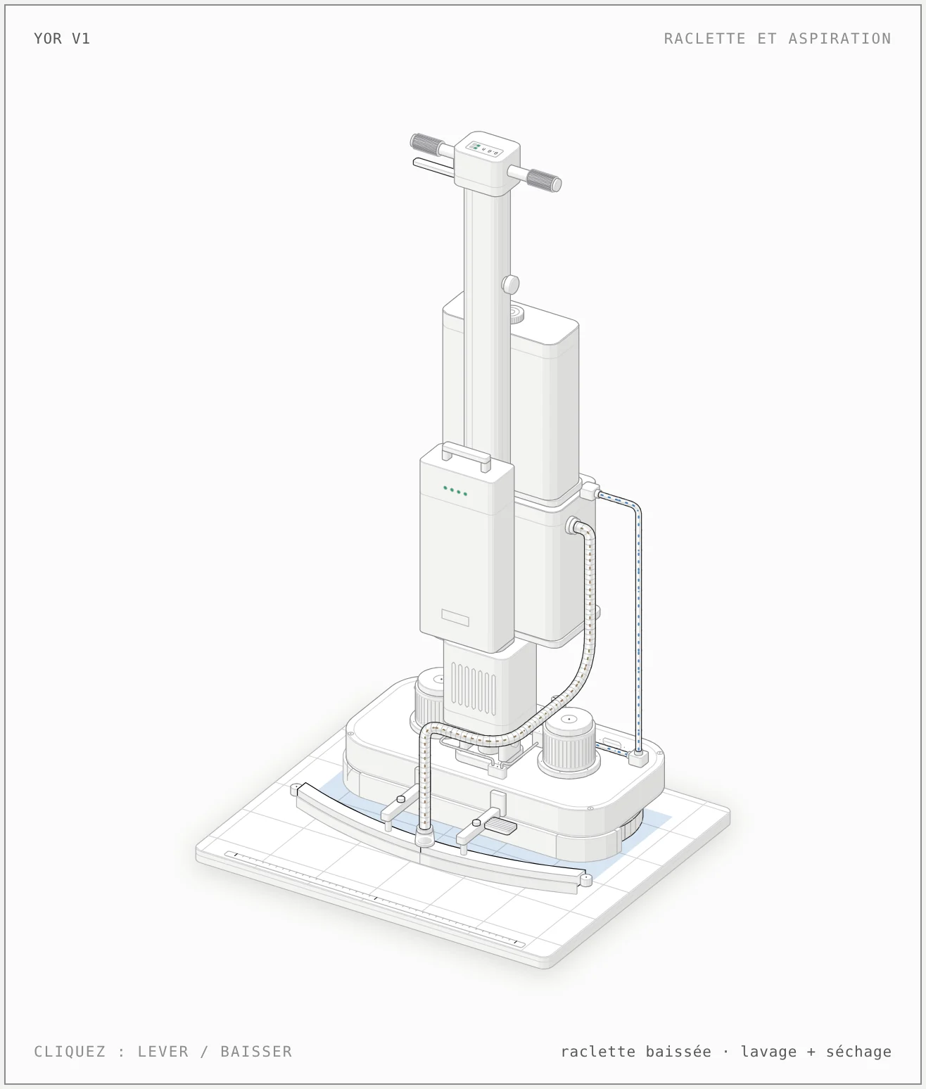 Raclette parabolique de 505 mm de l’autolaveuse YOR V1 vue de l’arrière, avec sa pédale de relevage et le flexible qui aspire l’eau sale vers le réservoir de récupération.