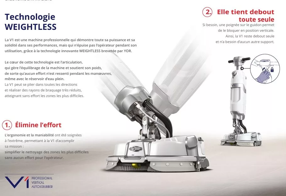 Technologie Weightless de l’autolaveuse YOR V1 : l’articulation équilibre la machine, qui tient debout seule